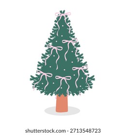 Coquette Vector del árbol de Navidad. Pino verde oscuro decorado con muchas cintas y lazos rosas. Ilustración femenina de moda para la etiqueta engomada de Festiva.
