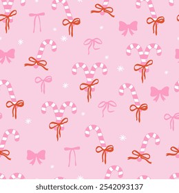 Coquette Christmas winter seamless pattern. Candy cane. Pink girly minimal aesthetic. Vector