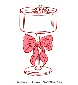 Coquette cocktail with bow and berries. Hand drawn outline illustration of cocktail drink. Decoration bachelorette party elements for wedding invitations. Line art vector doodle bar element