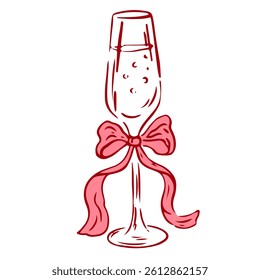 Coquette cocktail champagne with bow. Hand drawn outline illustration of cocktail drink. Decoration bachelorette party elements for wedding invitations. Line art vector doodle bar element