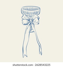 Coquette cocktail glass with bow and ribbon hand drawn ink sketch. Line art vector illustration of drink glass for alcoholic beverages for party, wedding invitation, poster, Christmas card, packaging.