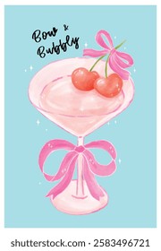 Coquette Cocktail Glass with Pink Bow and Heart Cherries Watercolor