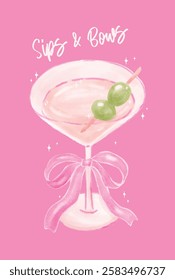 Coquette Cocktail Glass with Pink Ribbon Bow and Green Olives Watercolor