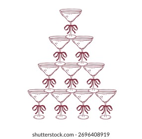 Torre de coquetas copas de cóctel, ilustración de doodle de Vector, boceto caprichoso para invitación de fiesta, bebidas de champán
