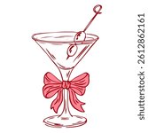 Coquette cocktail martini with bow and olive. Hand drawn outline illustration of cocktail drink. Decoration bachelorette party elements for wedding invitations. Line art vector doodle bar element