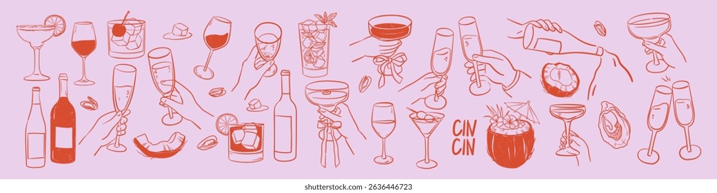 Coquette cocktail set. Tropical drinks with lemon, coconut. Wine, champagne line art drawings. Hand drawn bar elements for menu, party, invitation. Doodle sketch style.	
