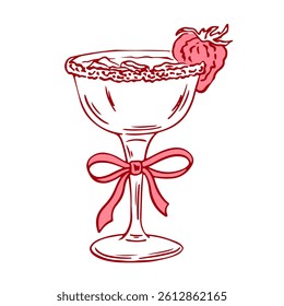 Coquette cocktail with strawberry and bow. Hand drawn outline illustration of cocktail drink. Decoration bachelorette party elements for wedding invitations. Line art vector doodle bar element