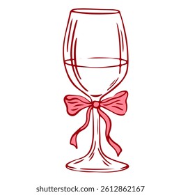 Coquette cocktail wine with bow. Hand drawn outline illustration of cocktail drink. Decoration bachelorette party elements for wedding invitations. Line art vector doodle bar element