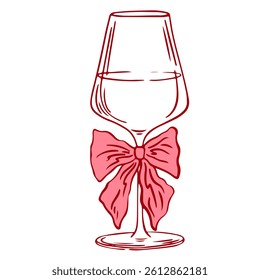 Coquette cocktail wine with bow. Hand drawn outline illustration of cocktail drink. Decoration bachelorette party elements for wedding invitations. Line art vector doodle bar element