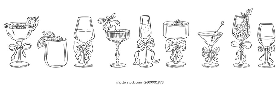 Coquette cocktails with bows hand drawn set. Cute aesthetic glasses with ribbon and bow in sketch style. Girly elegant martini, champagne, doodle, aesthetic. Cheer cocktail event Line art vector