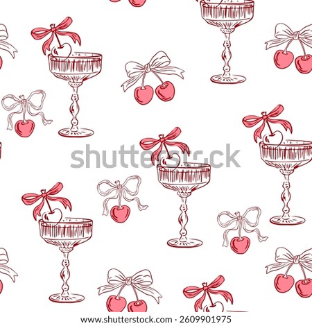 Coquette cocktails with cherry seamless pattern. Hand drawn martini glass with bow and cherry. Vector background for invitations, menus and parties. La dolce vita italian style. Minimalist line art