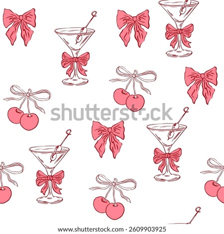 Coquette cocktails with cherry seamless pattern. Hand drawn martini glass with bow and cherry. Vector background for invitations, menus and parties. La dolce vita italian style. Minimalist line art