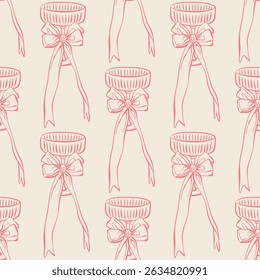 Coquette cocktails seamless pattern. Hand drawn glasses tied with a ribbon bow on pink background. Whimsical pattern for Birthday, Valentines day, or Christmas decor, card, wrapping, package, textile.