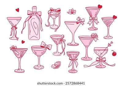 Coquette Cocktails set with flower, cherry and bottle. Cute y2k aesthetic glasses with crafts bows, pink ribbon. Decoration valentine party elements. Flat contour hand drawn vector illustration,