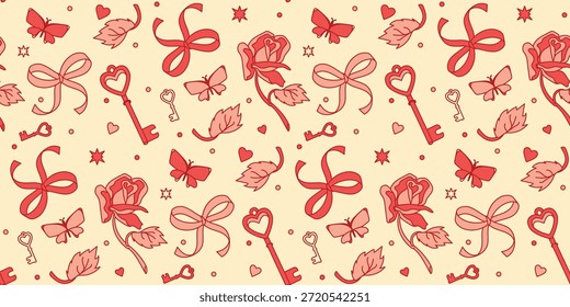 Un estético núcleo coqueta sin patrón con rosas, mariposas, llaves y arcos en crema, escarlata y rosa. Un fondo romántico para el día de San Valentín o diseños románticos