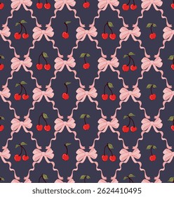 Coquette core preppy bows and cherries seamless pattern, wrapping, fabric, textile, home decor gifts