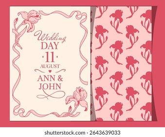 Coquette core romantic template with copy space for personalization and floral frame. Perfect as wedding or anniversary invitations, greeting cards, and romantic-themed events