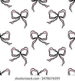 Coquette core seamless pattern pretty charming pink bow frame vector Illustration, cute doodle hair decor, boho flat girl accessories. Ribbons isolated hand-drawn art. Trendy girly fancy concept