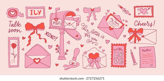Conjunto de núcleo de coqueta de poste de caracol. Colección de linda ilustración de dibujos animados con diferentes objetos románticos de amor. Icono de arcos, sellos, buzón, cartas, sobres, sellos y frases de caligrafía. 