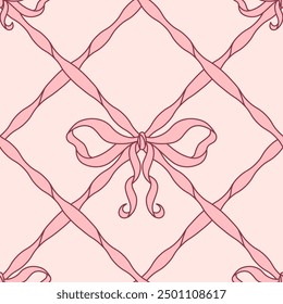 Coquette core trend seamless pattern of pink bows and ribbons in a diamond lattice design on a pastel pink background. Elegant feminine glamour gift wrap design. Vintage romantic fabric or wallpaper