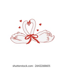Coquette couple of swans in love. Two elegant swans forming heart shape with red bow. Whimsical love vector illustration for celebration Valentine Day, wedding, party, anniversary etc.