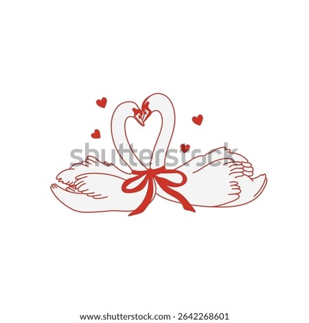 Coquette couple of swans in love. Two elegant swans forming heart shape with red bow. Whimsical love vector illustration for celebration Valentine Day, wedding, party, anniversary etc.