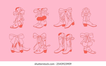 Coquette cowboy boots with ribbon bow. Pink cowgirl aesthetic. Hand drawn Vector.