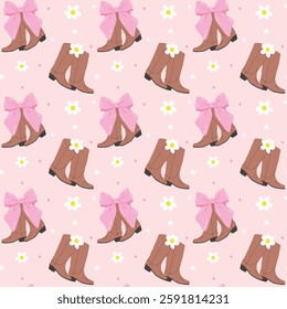 Coquette Cowboy Boots Seamless Pattern, Girly Western Retro Wallpaper isolated on background