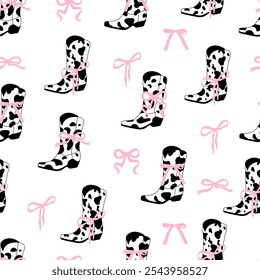 Coquette cowboy cowgirl seamless pattern. Pink ribbon bow. Vector