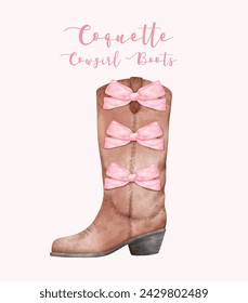 Coquette Cowgirl Boot with Pink ribbon Bow Watercolor. Aesthetic Hand Painted Illustration