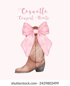 Coqueta Cowgirl Bota con lazo rosa Bow Acuarela. Ilustración estética pintada a mano