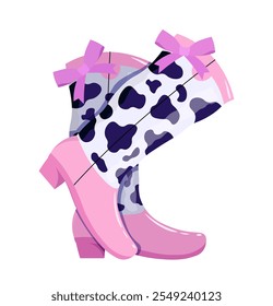 Botas de vaquera Coquette. Moda y tendencia. Calzado de moda y con encanto en estilo occidental. Zapatos femeninos con lazos violetas. Pegatina de medios sociales. Ilustración vectorial plana aislada sobre fondo blanco