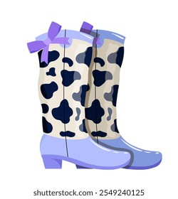 Botas de vaquera Coquette. Moda y tendencia. Calzado de moda y con encanto en estilo occidental. Zapatos femeninos con lazos azules. Plantilla y maquetación. Ilustración vectorial plana aislada sobre fondo blanco