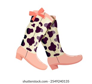 Botas de vaquera Coquette. Moda y tendencia. Calzado de moda y con encanto en estilo occidental. Zapatos femeninos con lazos rosas. Cartel o Anuncio. Ilustración vectorial plana aislada sobre fondo blanco