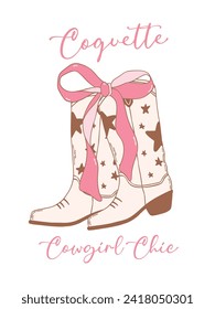 Coquette Cowgirl botas groovy Western chic con nuestro dibujo retro de caricatura femenina adornado con un arco rosado de cinta.