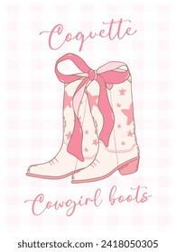 Coquette Cowgirl boots  groovy Western chic with our retro girly cartoon drawing adorned with a pink ribbon bow.