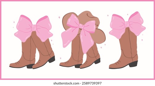 Coquette Cowgirl Boots and hat with Bow Flat Design set
