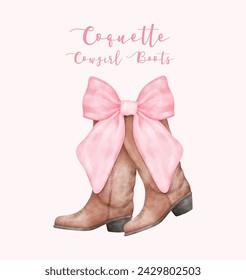 Coquette Cowgirl Boots with Pink Bow Watercolor. Aesthetic Hand Painted Illustration