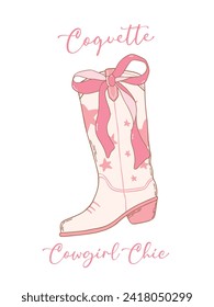 Coquette Cowgirl Boots with pink Ribbon Bow Hand Drawn Doodle