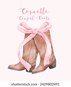 Coquette Cowgirl Boots with Pink ribbon Bow Watercolor. Aesthetic Hand Painted Illustration