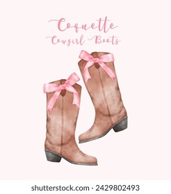 Coquette Cowgirl Boots with Pink ribbon Bow Watercolor. Aesthetic Hand Painted Illustration