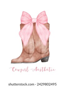 Botas de vaquera de coqueta con lazo rosa Bow Watercolor. Ilustración estética retro pintada a mano.