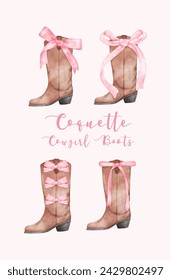 Coquette Cowgirl Boots with Pink ribbon Bow Watercolor set. Retro Aesthetic Hand Painted Illustration.