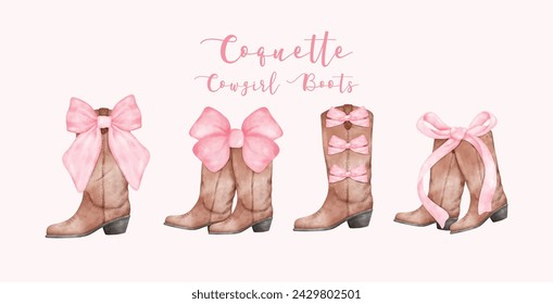 Coquette Cowgirl Boots with Pink ribbon Bow Watercolor set. Retro Aesthetic Hand Painted Illustration banner