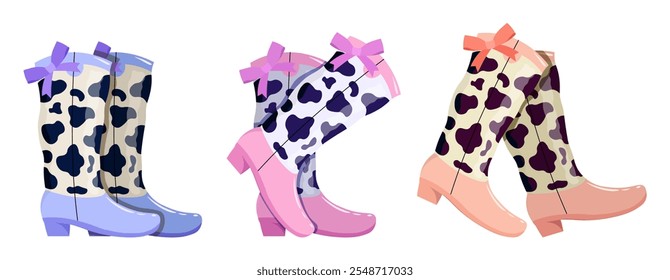 Coquette Cowgirl Stiefel Set. Trendy und modische Muster. Schuhe und Shows mit rosa, blauen und violetten Schleifen. Mode und Stil. Flache Vektorgrafik einzeln auf weißem Hintergrund