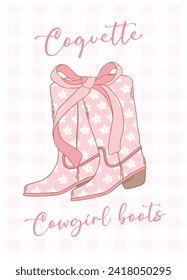 Coquette Cowgirl boots Western chic with our retro girly cartoon drawing adorned with a pink ribbon bow.