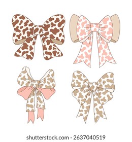 Coquette Cowgirl Cow printed bows vector illustration set isolated on white. Feminine Rodeo Western Style print collection for Fabric, Stationery, Kids and Home decor.