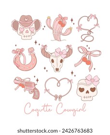 Coquette Cowgirl Pink ribbon bow Cartoon Doodle. Diseño de camiseta de Ilustración Juguetona y Caprichosa.