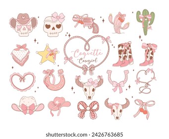 Coquette Cowgirl Pink ribbon bow Cartoon Doodle trendy collection.  Playful and Whimsical Illustration.