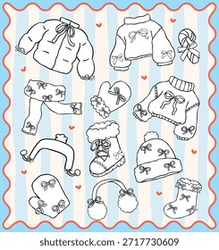 Coquette Cozy winter essentials hand drawn doodle collection of black and white clothing with ribbon bows. These trendy elements are perfect for winter themed designs Coloring Pages.